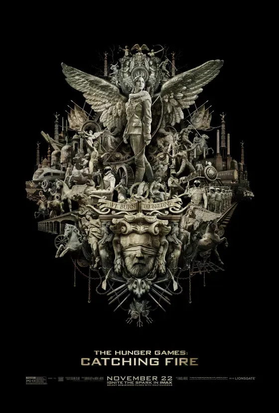 The IMAX one-sheet for The Hunger Games: Catching Fire, a winged and crowned Katniss standing above a monument of Capitol figures