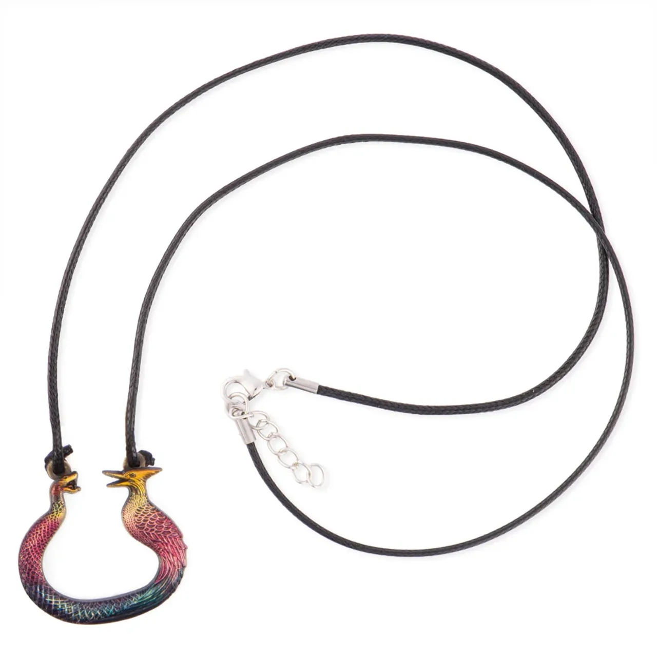 The official Sunrise on the Reaping flint striker necklace, a C-shaped rainbow-finish striker with a snake head and bird head meeting at the opening, on a black adjustable cord