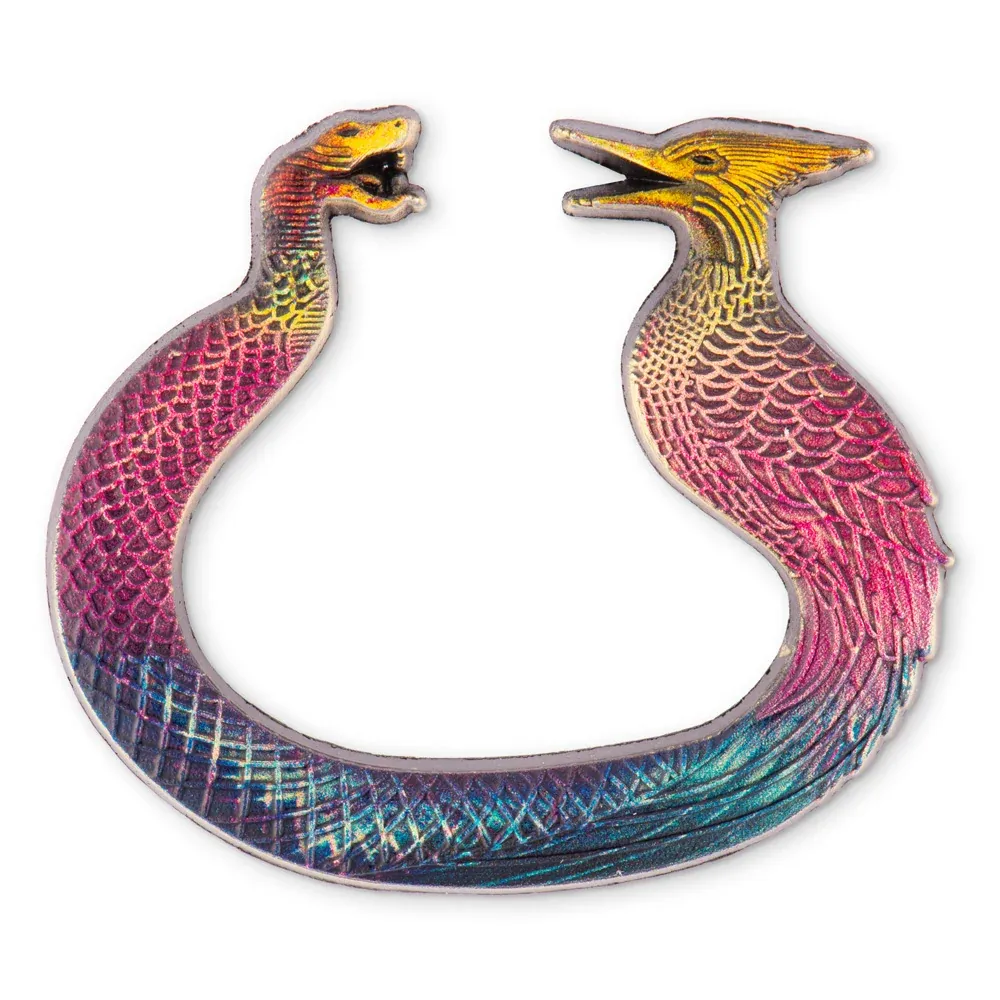 The official flint striker pin, rainbow finish, shown front-on against a white background