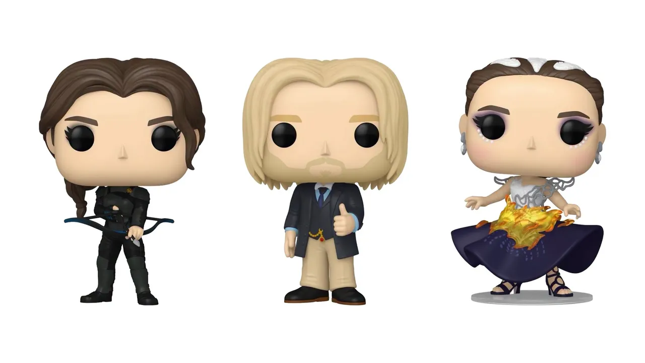 Funko Pop! Movies figures 2115 Katniss Everdeen, 2116 Haymitch Abernathy and 2117 Katniss Everdeen in the Girl on Fire dress, shown boxed and out of box
