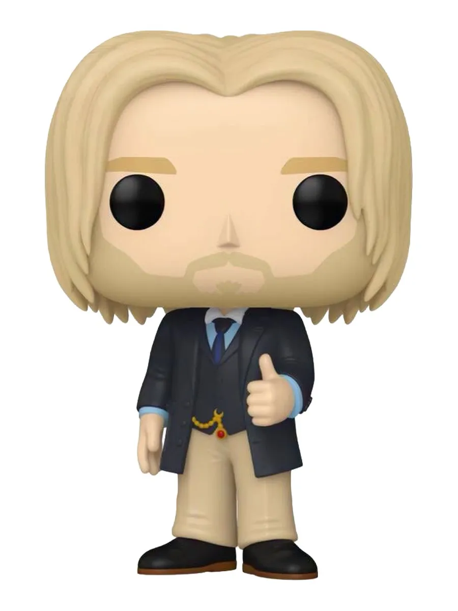 Funko Pop #2116 Haymitch Abernathy in a dark suit and gold watch chain, giving a thumbs up