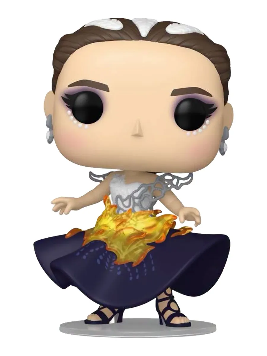 Funko Pop #2117 Katniss Everdeen in the Girl on Fire dress, deep blue skirt with sculpted flames at the hem and a silver bodice