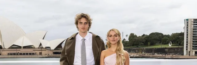 Joseph Zada and Mckenna Grace at the Sydney Harbour photo call, with the Sydney Opera House behind them