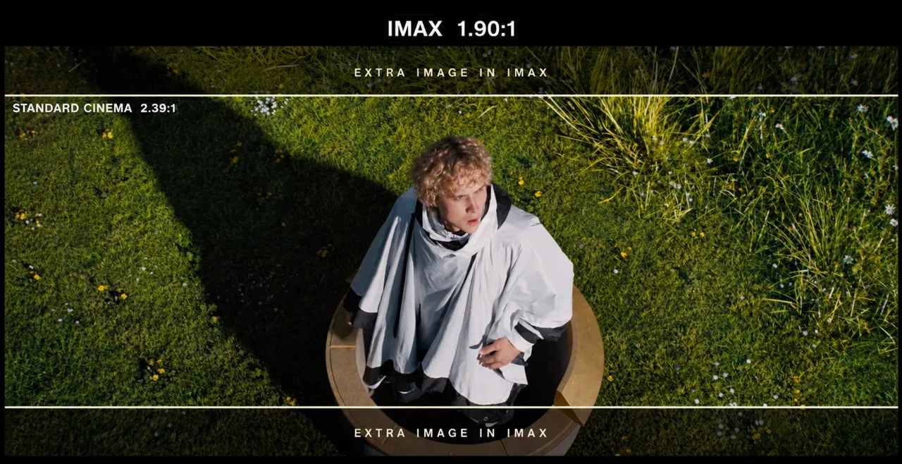 Comparison frame: a standard 2.39:1 cinema letterbox marked inside the taller IMAX 1.90:1 image of Haymitch on his launch plate