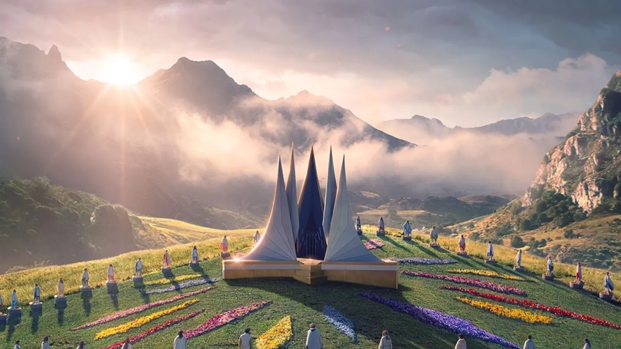 The Second Quarter Quell arena at sunrise: tributes on their launch plates around the Cornucopia, mountains behind