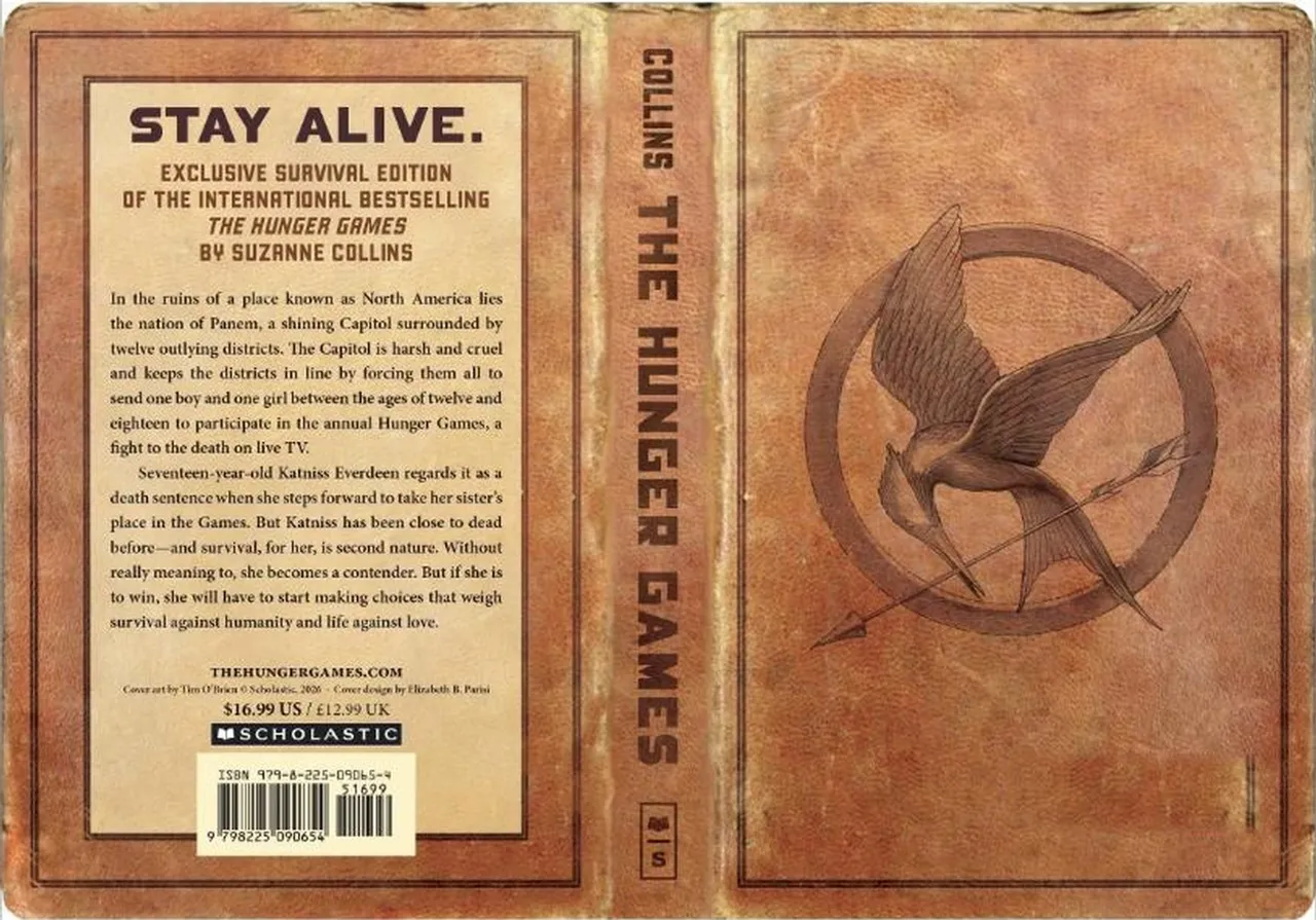 The full wrap of The Hunger Games: Survival Edition — distressed tan leather-look boards with a debossed mockingjay on the front and a 'Stay Alive.' panel on the back