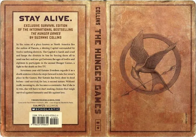 The full wrap of The Hunger Games: Survival Edition — distressed tan leather-look boards with a debossed mockingjay on the front and a 'Stay Alive.' panel on the back
